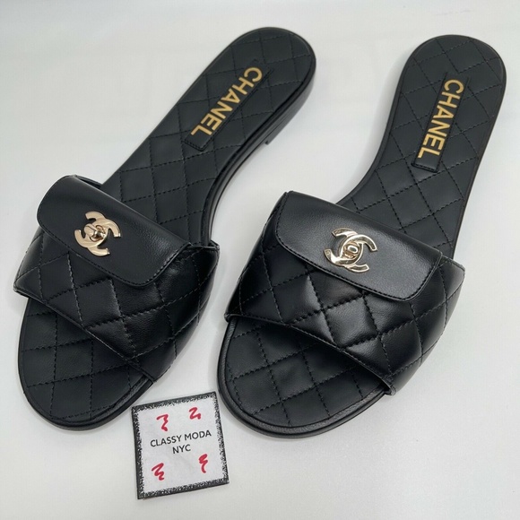Chanel NIB Black Slides Turnlock Gold CC Logo Quilted Slide Flat Flop Sandals - Picture 8 of 12